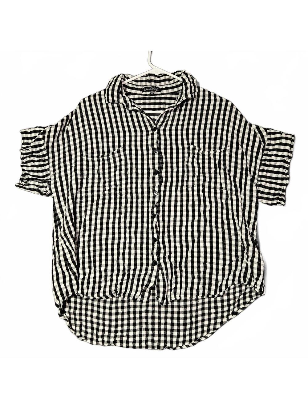 New Leaf Women's 1X Black and White Checkered Button-Up Shirt Plus Size Casual